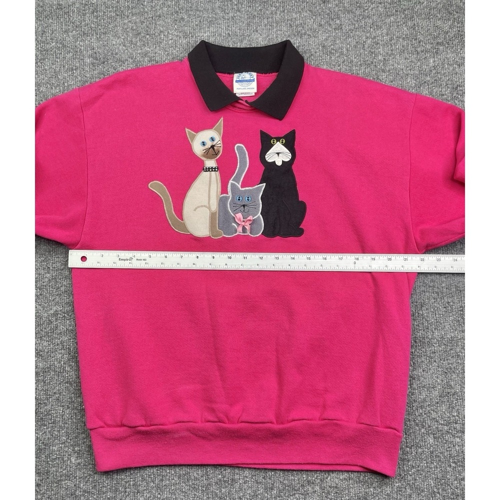 Vintage 90's Jerzees Sweatshirt Women's L Cats Pullover Pink Collared - Picture 7 of 9